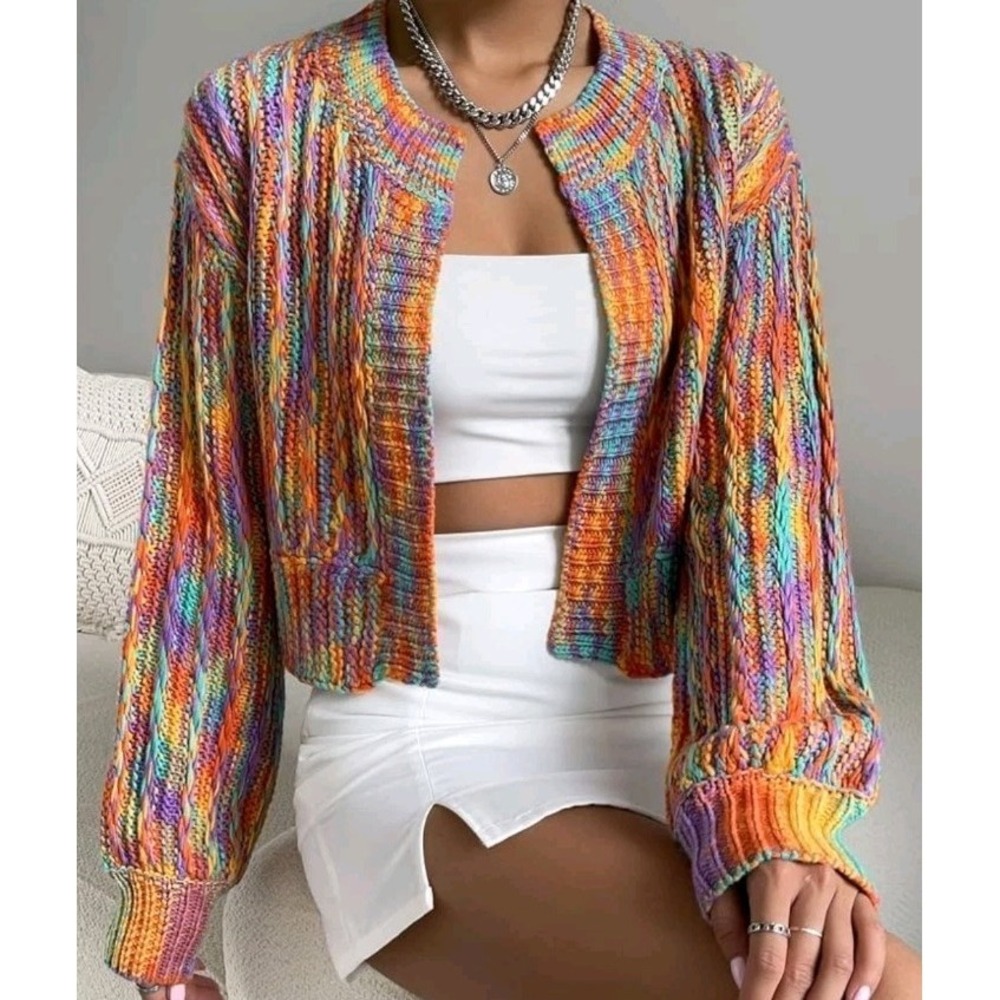 Womens Rainbow Knitted Cardigan XL Sweater Crochet
